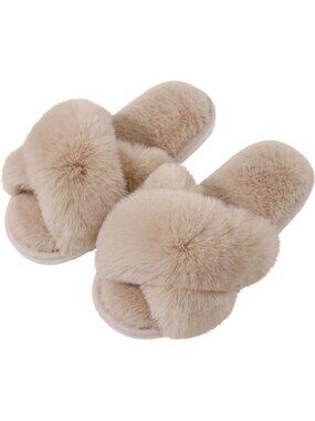 Women's Camel Fuzzy Cross Band Memory Foam House Open Toe Soft Slipper Shoes